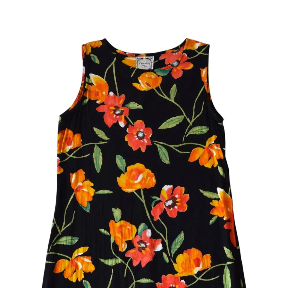 Vintage 90s Floral Rayon Maxi Dress Black Orange Sleeveless Large - Picture 2 of 5